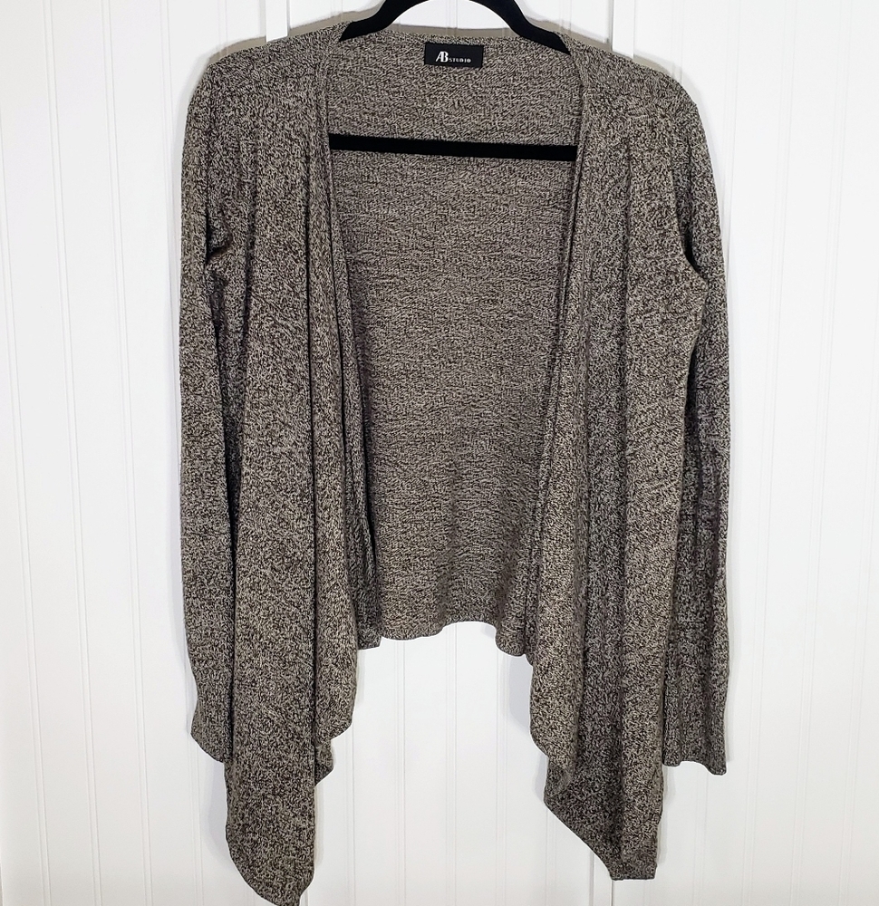 AB Studio Open Front Cardigan Heathered Brown Sharkbite Hem Large